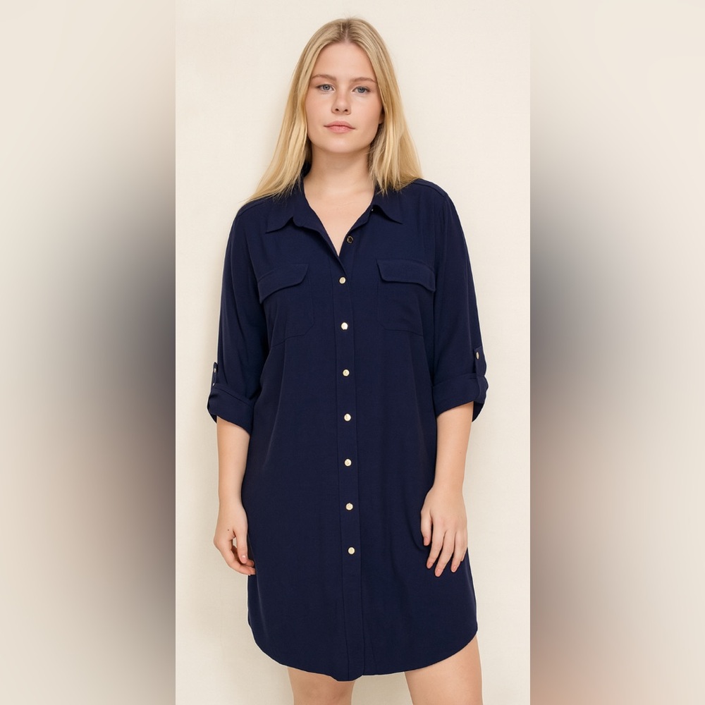 Soho apparel, LTD, medium navy blue dress with gold tone, buttons, 4/3 sleeves